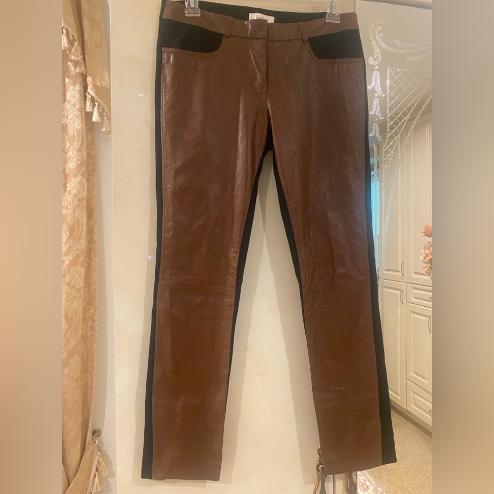 Neiman Marcus Chestnut Real Leather & Fabric Trousers. Sz S. Like new, no flaws.